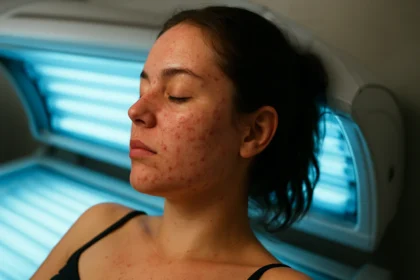 Žena s akné relaxuje v soláriu, pozadie s modrým svetlom.