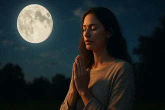 Žena meditujúca pod splnom, vyžarujúca duchovnú silu a pokoj.