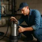 Človek kontroluje ponorné čerpadlo v priemyselnom prostredí.