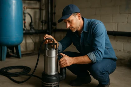 Človek kontroluje ponorné čerpadlo v priemyselnom prostredí.