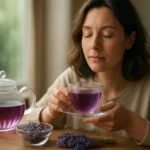 Žena vychutnávajúca si levanduľový čaj z pohára.