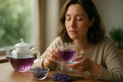 Žena vychutnávajúca si levanduľový čaj z pohára.