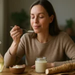 Žena ochutnáva octový chren z lyžice, vedľa sú zdravé potraviny.