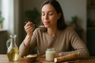 Žena ochutnáva octový chren z lyžice, vedľa sú zdravé potraviny.
