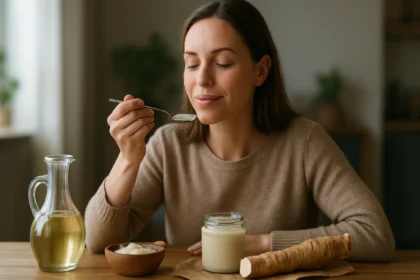 Žena ochutnáva octový chren z lyžice, vedľa sú zdravé potraviny.