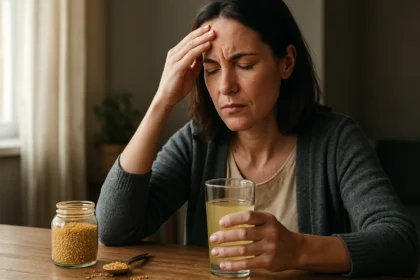 Žena s problémom a pohárom horčičného nápoja.