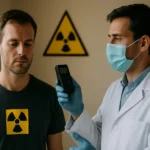 Lékař měří úroveň gama žiarenia pomocí detektoru na pacientovi.