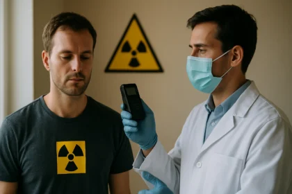 Lékař měří úroveň gama žiarenia pomocí detektoru na pacientovi.