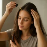 Žena aplikuje švédske kvapky na vlasy pre zdravší vzhľad.