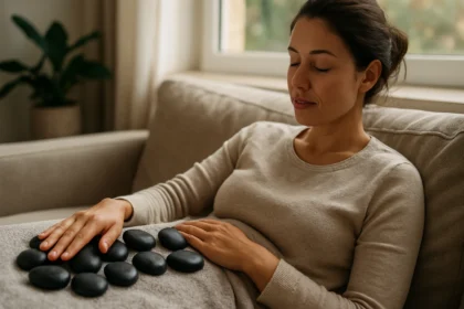 Žena relaxuje s lávovými kameňmi na bruchu pre uvoľnenie a energiu.