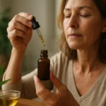 Žena používajúca konopný olej pre zdravie a pohodu.