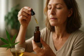 Žena používajúca konopný olej pre zdravie a pohodu.