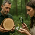 Odborníci skúmajú drevo a rastlinné vzorky v lesnom prostredí.