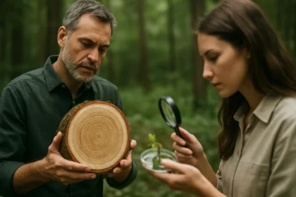Odborníci skúmajú drevo a rastlinné vzorky v lesnom prostredí.