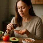 Žena užíva doplnok stravy s vitamínom B5 pri zdravom jedle.