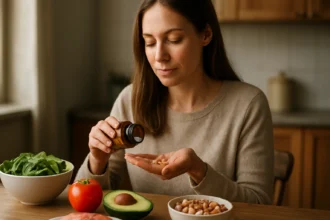 Žena užíva doplnok stravy s vitamínom B5 pri zdravom jedle.