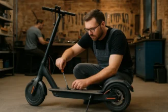 Oprava elektrickej kolobežky v servise v Budapešti.