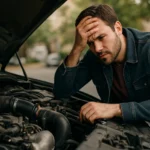 Muž kontroluje motor auta s turbomotorom, vyjadruje frustráciu.