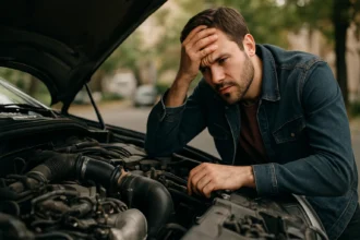 Muž kontroluje motor auta s turbomotorom, vyjadruje frustráciu.