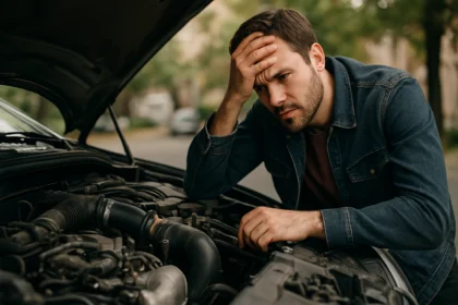 Muž kontroluje motor auta s turbomotorom, vyjadruje frustráciu.