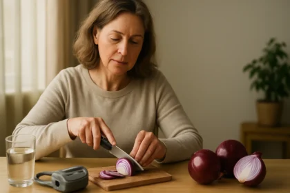 Žena krája červenú cibuľu v kuchyni na drevenej doske.