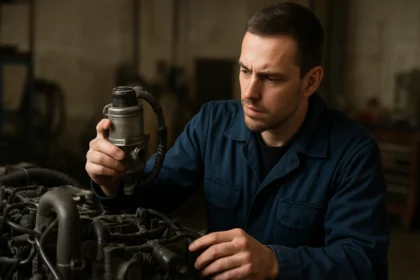 Mechanik skúma EGR ventil v dieselovom motore.