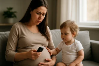Tehotná matka s obavami a malé dieťa pri sledovaní zariadenia.