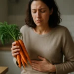 Žena drží mrkvu a má bolesti žalúdka