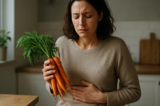 Žena drží mrkvu a má bolesti žalúdka