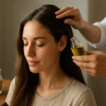 A woman receiving almond oil treatment for hair restoration.