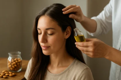 A woman receiving almond oil treatment for hair restoration.