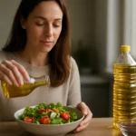 Žena pridáva repkový olej do šalátu pre zdravú stravu.