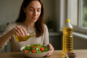 Žena pridáva repkový olej do šalátu pre zdravú stravu.