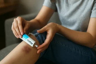 Žena aplikuje Lioton gél na modrinu na nohe.