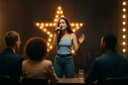 Mladá speváčka vystupuje na talentovej súťaži pred porotou.