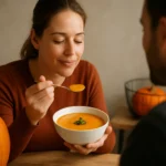 Žena vychutnáva si tekvicový krém s úsmevom