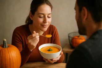 Žena vychutnáva si tekvicový krém s úsmevom