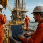 Pracovníci na ropnej plošine sledujúci technologické procesy.