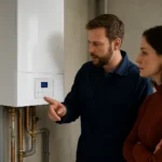 Muž nastavuje kondenzačný kotol s pomocou ženy.