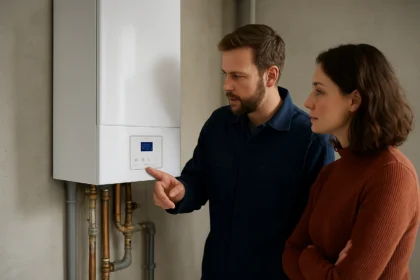 Muž nastavuje kondenzačný kotol s pomocou ženy.