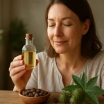 Žena drži fľašu gáfrového oleja pri bylinkách a semienkach.