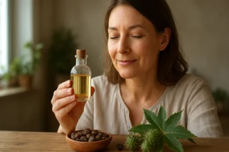 Žena drži fľašu gáfrového oleja pri bylinkách a semienkach.