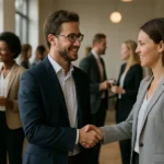 Dva profesionáli sa usmievajú a podávajú si ruky na networkingovom podujatí.