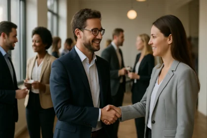 Dva profesionáli sa usmievajú a podávajú si ruky na networkingovom podujatí.