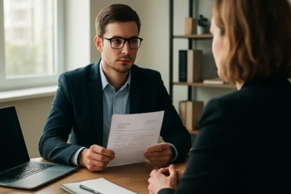 Mladý absolvent na pohovore s životopisom v ruke.