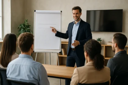 Odborný workshop s lektorom pred skupinou účastníkov na školení