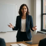 Žena prezentujúca profesionálne predstavenie pred publikom.