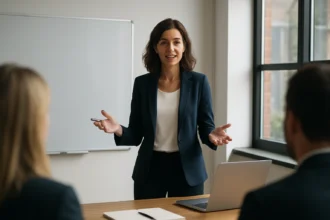 Žena prezentujúca profesionálne predstavenie pred publikom.