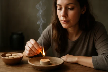 Žena zapaľujúca kadidlovú tabletu pri stole
