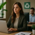 Žena pracujúca na notebooku v kancelárii s enviromentálnou témou.